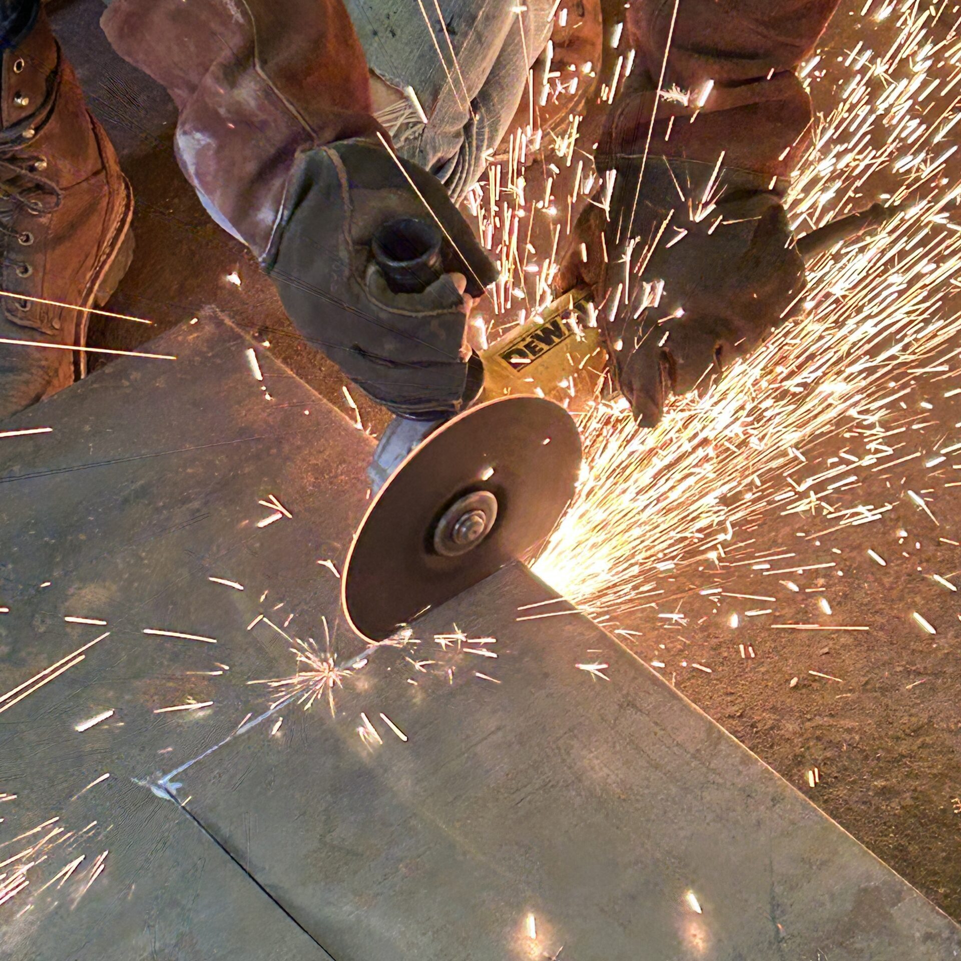 Worker grinding metal with angle grinder sparks